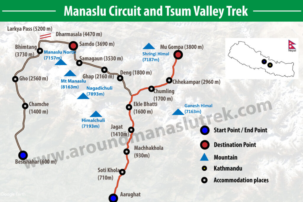 Manaslu circuit and tsum valley trek map