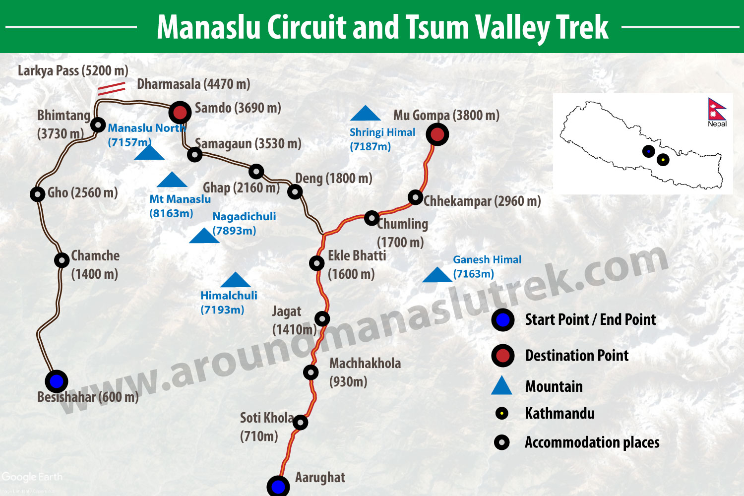 Manaslu circuit and tsum valley trek map