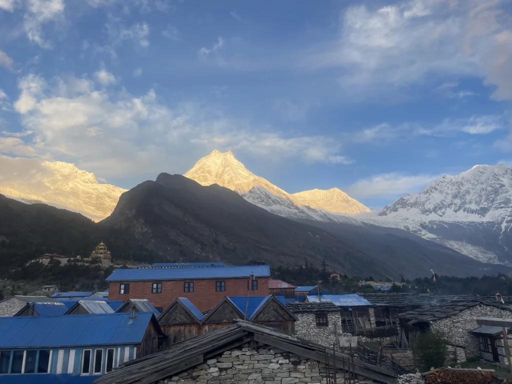 Sunrise view of Mount Manaslu from Shyala village in Nepal.