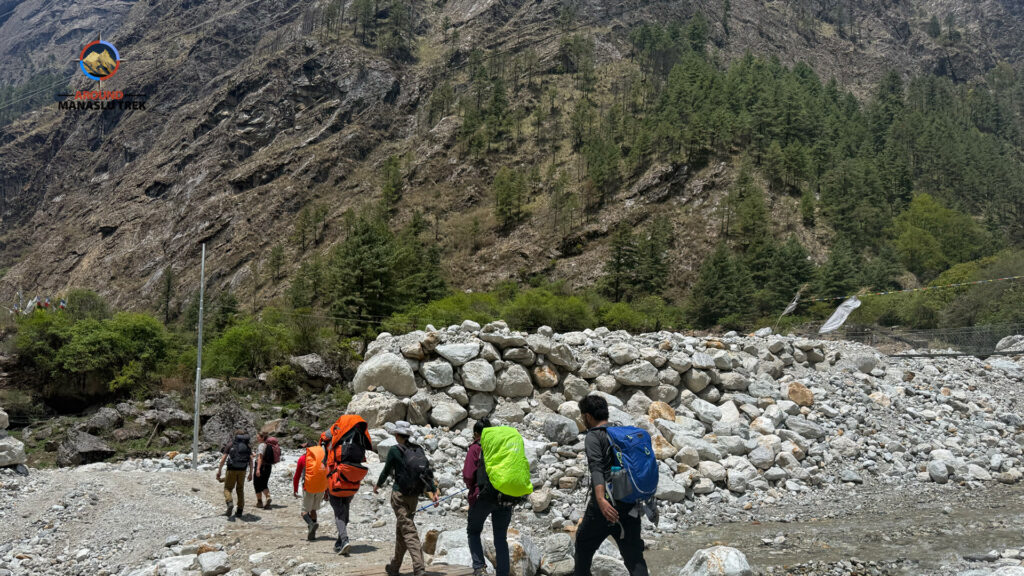 Manaslu Circuit Trek - 15 Days 17 Trekkers are moving toward Dharapani from Bhimtang